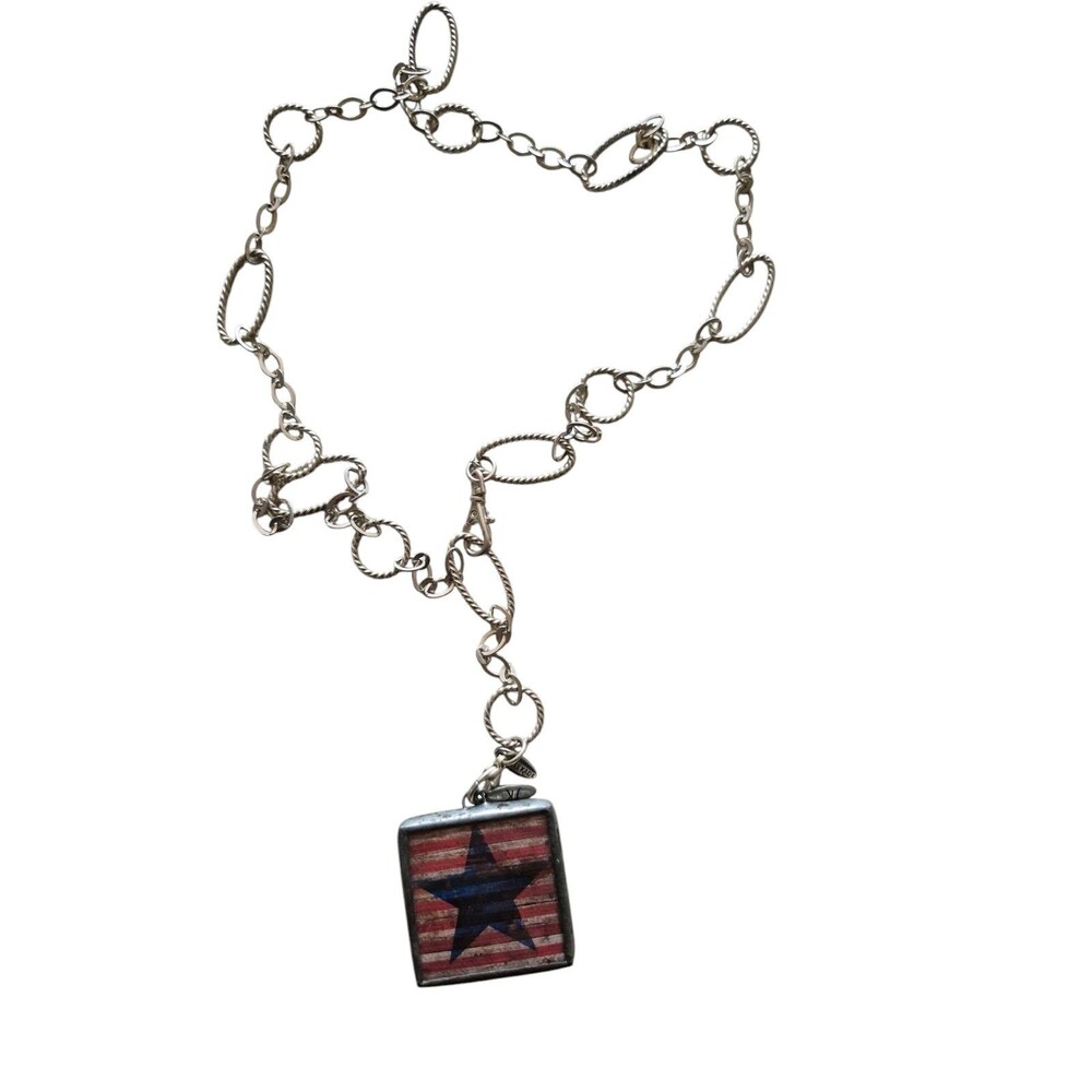 Jewel Kade Star Spangled Banner Pendant Charm with Link Chain Necklace Pewter